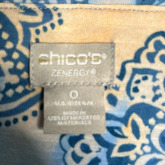 Chico’s Blue Geometric Print Short Sleeve Top Round Neckline Size Small - Picture 5 of 8